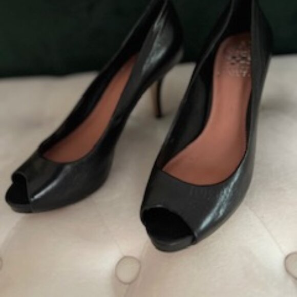 Vince Camuto Peep Toe Black Soft Leather High Heel Pumps - Picture 1 of 11